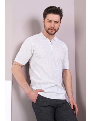 Ferraro Beyaz Polo Yaka Fermuarlı Erkek Pamuk Triko T-Shirt