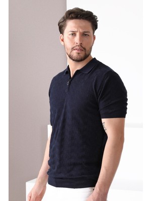 Ferraro Lacivert Polo Yaka Fermuarlı Erkek Pamuk Triko T-Shirt