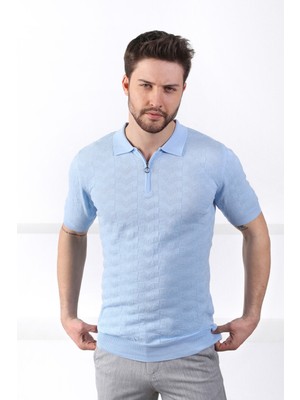 Ferraro Mavi Polo Yaka Fermuarlı Erkek Pamuk Triko T-Shirt
