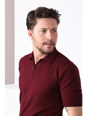 Ferraro Bordo Polo Yaka Fermuarlı Erkek Pamuk Triko T-Shirt