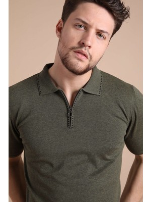 Ferraro Haki Polo Yaka Fermuarlı Erkek Pamuk Triko T-Shirt