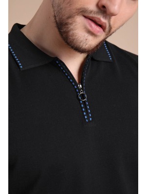 Ferraro Siyah Polo Yaka Fermuarlı Erkek Pamuk Triko T-Shirt