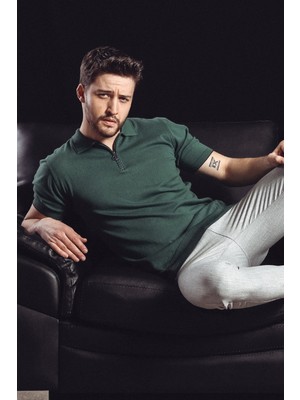 Ferraro Yeşil Polo Yaka Fermuarlı Erkek Pamuk Triko T-Shirt