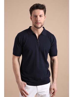 Ferraro Lacivert Polo Yaka Fermuarlı Erkek Pamuk Triko T-Shirt