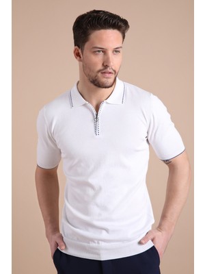 Ferraro Beyaz Polo Yaka Fermuarlı Erkek Pamuk Triko T-Shirt