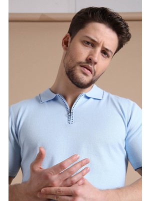 Ferraro Mavi Polo Yaka Fermuarlı Erkek Pamuk Triko T-Shirt
