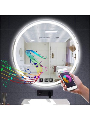 Global Led Mirror 90 cm Bluetoothlu Dokunmatik Tuşlu Buğu Yapmayan Ledli Yuvarlak Banyo Aynası