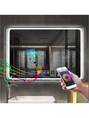 Global Led Mirror 70X110 cm Bluetoothlu Dokunmatik Tuşlu Buğu Çözücü Ledli Banyo Aynası