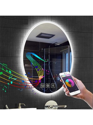 Global Led Mirror 80X100 cm Müzik Çalarlı Dokunmatik Tuşlu Buğu Yapmayan Ledli Elips Banyo Aynası
