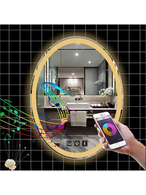 Global Led Mirror 80X100 cm Bluetoothlu Dokunmatik Tuşlu Buğu Yapmayan Ledli Elips Banyo Aynası