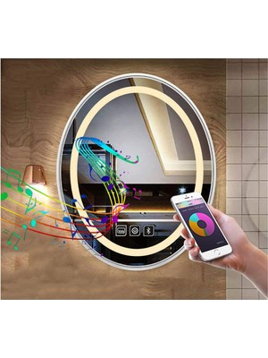 Global Led Mirror 50X70 cm Bluetoothlu Dokunmatik Tuşlu Buğu Çözücü Ledli Elips Banyo Aynası