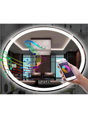 Global Led Mirror 50X70 cm Bluetoothlu Dokunmatik Tuşlu Buğu Yapmayan Ledli Elips Banyo Aynası