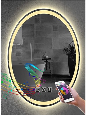 Global Led Mirror 50X70 cm Bluetoothlu Dokunmatik Tuşlu Buğu Yapmayan Ledli Elips Banyo Aynası