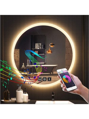 Global Led Mirror 90 cm Bluetoothlu Dokunmatik Tuşlu Buğu Yapmayan Ledli Yuvarlak Banyo Aynası