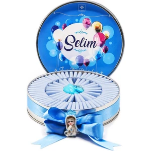 Nin Chocolate Nin Erkek Bebek Çikolatası Metal Yuvarlak Kutu Mavi Balon Baskılı (80 Adet Napoliten Çikolata)