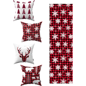 Cango Home Kırmızı Siyah Ekose Yılbaşı Temalı 4'lü Kırlent Kılıfı 1 Runner Seti 4KMBS84-RS-01