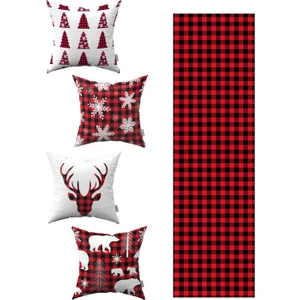 Cango Home Kırmızı Siyah Ekose Yılbaşı Temalı 4'lü Kırlent Kılıfı 1 Runner Seti 4KMBS84-RS-02