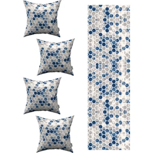 Cango Home Mavi Gri Geometrik Petek Desenli 4'lü Kırlent Kılıfı 1 Runner Seti 4KMBS95-RS