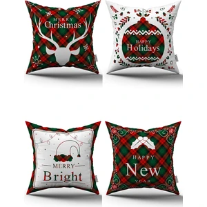Cango Home Kırmızı Yeşil Ekose Yılbaşı Temalı 4'lü Kırlent Kılıfı Seti 4KMBS172