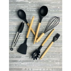 Senin Dükkanın 7 Parça Siyah Servis Seti ( Maşa- Kepçe-Kaşık-Çırpıcı-Spatula - Spagetti - Fırça )