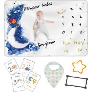 Moky Design Erkek Bebek Yenidoğan Hediyesi Anı Battaniyesi 150 x 100 cm Anı Kartları, Bebek Önlüğü, 5'li Set