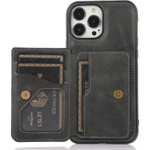 Apple iPhone 13 Pro Için Kart Bölmeli Dahili Manyetik Metal Levhalı Pu Deri Pc + Tpu Hibrit Kılıf - Siyah (Yurt Dışından)