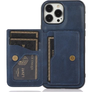 Apple iPhone 13 Pro Için Kart Bölmeli Dahili Manyetik Metal Levhalı Pu Deri Pc + Tpu Hibrit Kılıf - Mavi (Yurt Dışından)