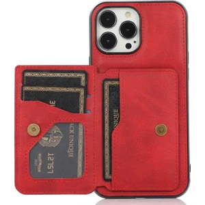 Apple iPhone 13 Pro Için Kart Bölmeli Dahili Manyetik Metal Levhalı Pu Deri Pc + Tpu Hibrit Kılıf - Kırmızı (Yurt Dışından)