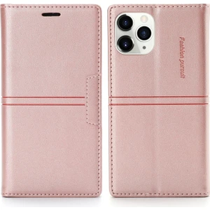 Apple iPhone 12 Için Cüzdan Tasarımlı Standlı Pu Deri Telefon Kılıfı - Pembe (Yurt Dışından)