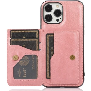 Apple iPhone 13 Pro Için Kart Bölmeli Dahili Manyetik Metal Levhalı Pu Deri Pc + Tpu Hibrit Kılıf - Gül Altın (Yurt Dışından)