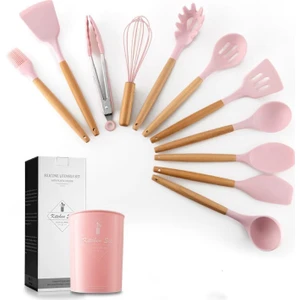 Love Home Kayın Saplı Saklama Kovalı Silikon Mutfak Gereçleri 11 Parça Pembe (Yurt Dışından)