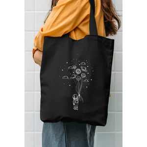 Çınar Bez Çanta Balonla Uçan Astronot Baskılı Siyah Bez Çanta