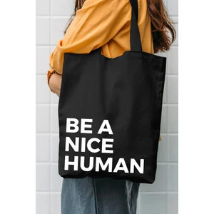 Çınar Bez Çanta Be A Nice Human Baskılı Siyah 35x40 cm Uzun Omuz Kulplu