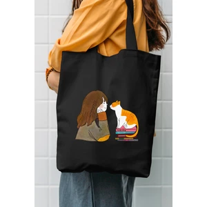 Çınar Bez Çanta Çınar Kedili Kız Baskılı Siyah Bez Çanta 35x40 cm %100 Doğal Pamuk Malzeme