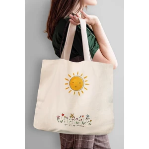 Bez Alışveriş Çantası %100 Pamuk Kanvas 47x36x8 cm Güneş Çiçek Desenli Su Geçirmez Hafif Tasarım