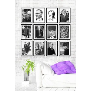 12 Parça Çerçeve Görünümlü Mdf Duvar Tablo Seti Atatürk Temalı VSR12-43B-1015 10X15 cm