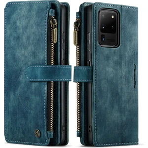 Caseme C30 Serisi Galaxy S20 Ultra Çizilmeye Dayanıklı Destekli Standı Tasarım Fermuar Cep Pu Deri Tpu Cüzdan Kılıf Kılıf Telefon Kılıfı - Mavi  (Yurt Dışından)