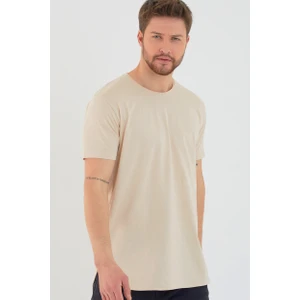 Amazing Crash Bej Basic Erkek Bisiklet Yaka Long Fit Eteği Biyeli T-Shirt