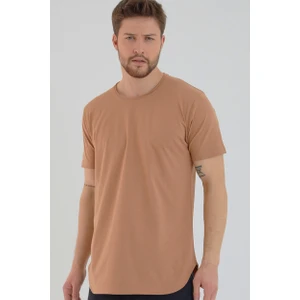 Amazing Crash Kahverengi Basic Erkek Bisiklet Yaka Long Fit Eteği Biyeli T-Shirt