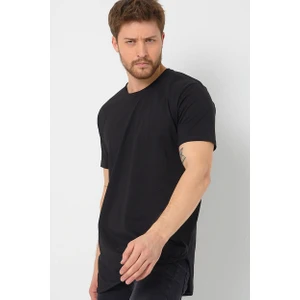 Amazing Crash Siyah Basic Erkek Bisiklet Yaka Long Fit Eteği Biyeli T-Shirt