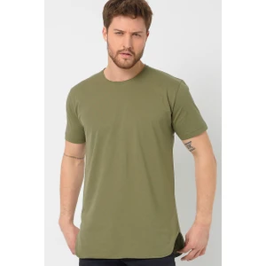Amazing Crash Haki Basic Erkek Bisiklet Yaka Long Fit Eteği Biyeli T-Shirt