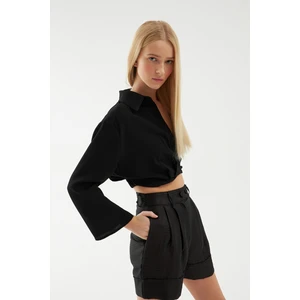 Beli Lastikli Crop Gömlek Siyah