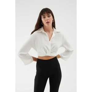 Beli Lastikli Crop Gömlek Beyaz