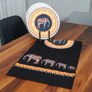 Etnik Fil Desenli Runner 2'li Supla Set (Siyah)