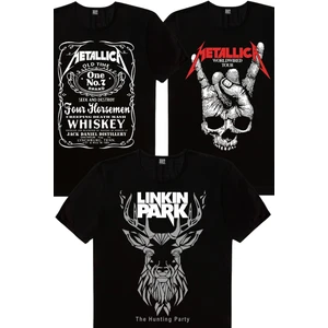 Geometrik Geyik, Kuru El, Metallica Jack Logo Erkek 3'lü Eko Paket T-Shirt
