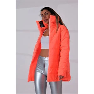 Keyifli Moda Kadın Nar Çiçeği Dik Yaka Su Geçirmez Uzun Şişme Mont