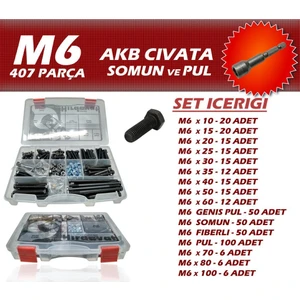 Site Hırdavat 407 Parça M6 Akb Cıvata Seti + 8 Somun Adaptörü