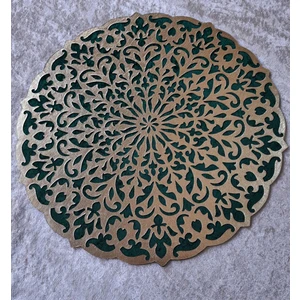 Orta Sehpa Runneri/Masa Örtüsü/ Kadife/S.Deri Işlemelı/Yeşıl-Gold/46cm