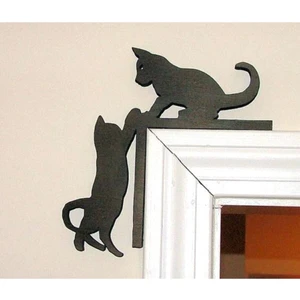 Evde Ucuz Kapı Köşeliği Kedi Lazer Kesim Ahşap Duvar Süsü - Duvar Dekoru ( 35X35 cm )