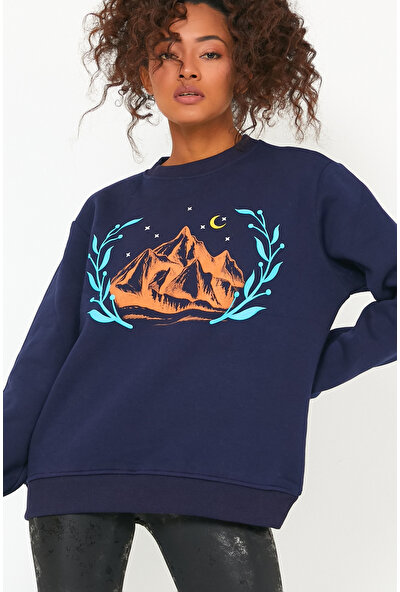 Genius Store Kadın Sweatshirt Baskılı Oversize Outdoor Sweatshirt (Başak Dağ Lacivert)